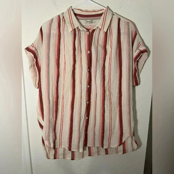 Madewell Pink Red Valentine Albee Striped Central Button Down Short Sleeve Shirt - Picture 2 of 12